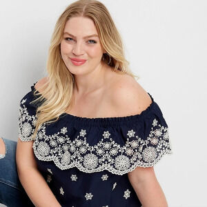 Maurices Embroidered Off the Shoulder Top Navy White Size 2